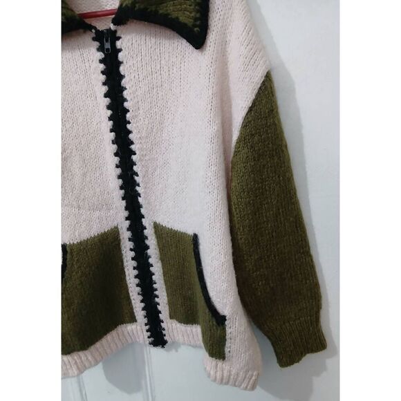 Zara womens xl beige olive green full zip wool sweater Slouchy Cottagecore - Picture 3 of 9